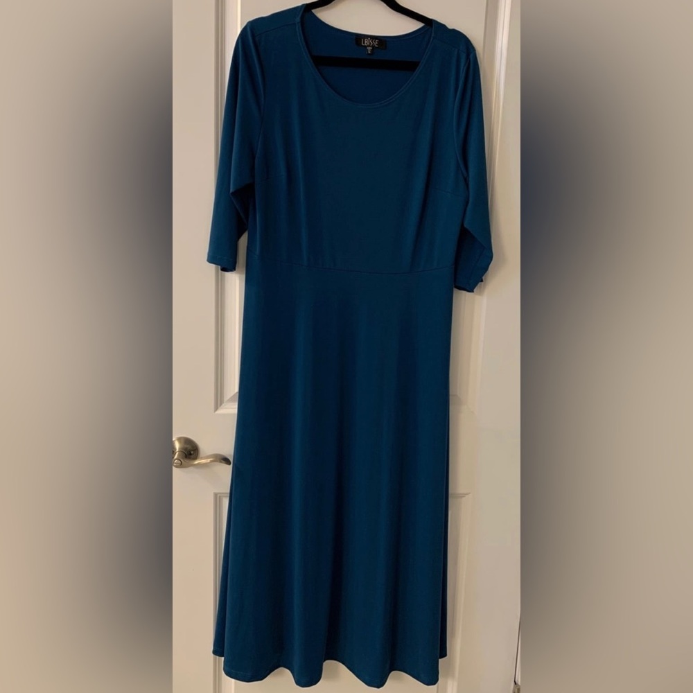 #468 - LBISSE Brand Swing Midi Dress, 3/4 Sleeve, Dark Teal Aqua, Plus Size 1X